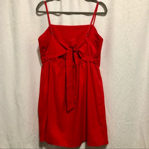 Red Linen Cotton Mini Dress w/ Adjustable tie back - Picture 3 of 5